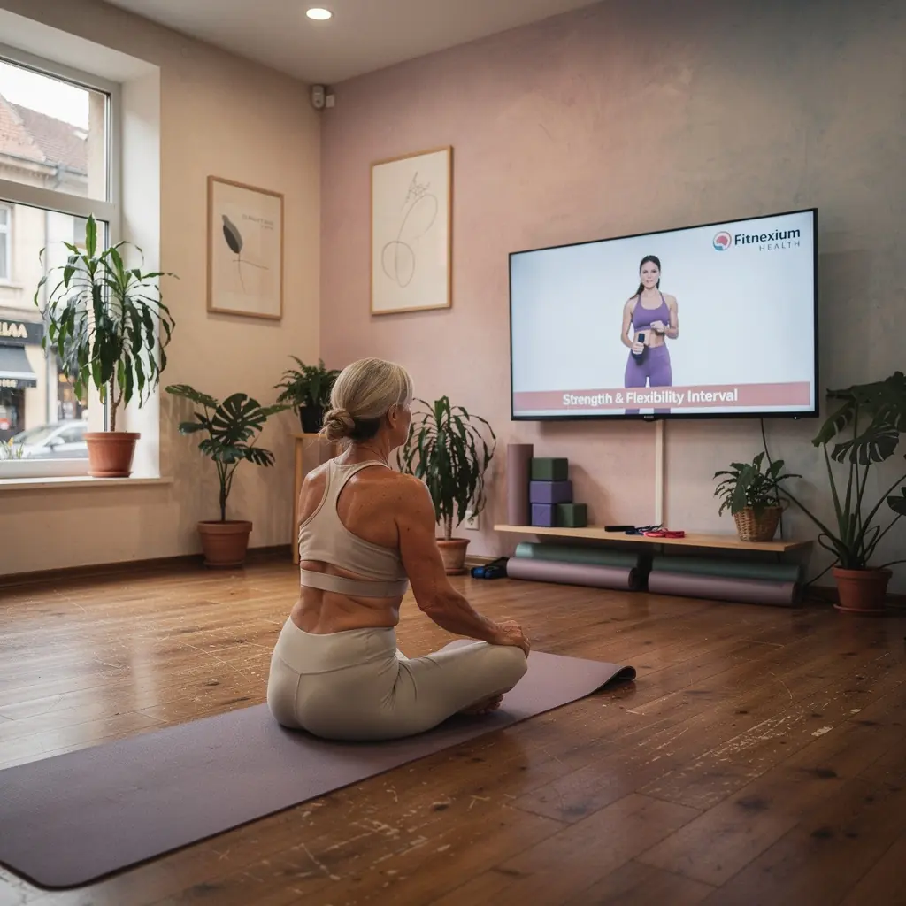 Група хора, участващи в онлайн фитнес клас, усмихнати и мотивирани.