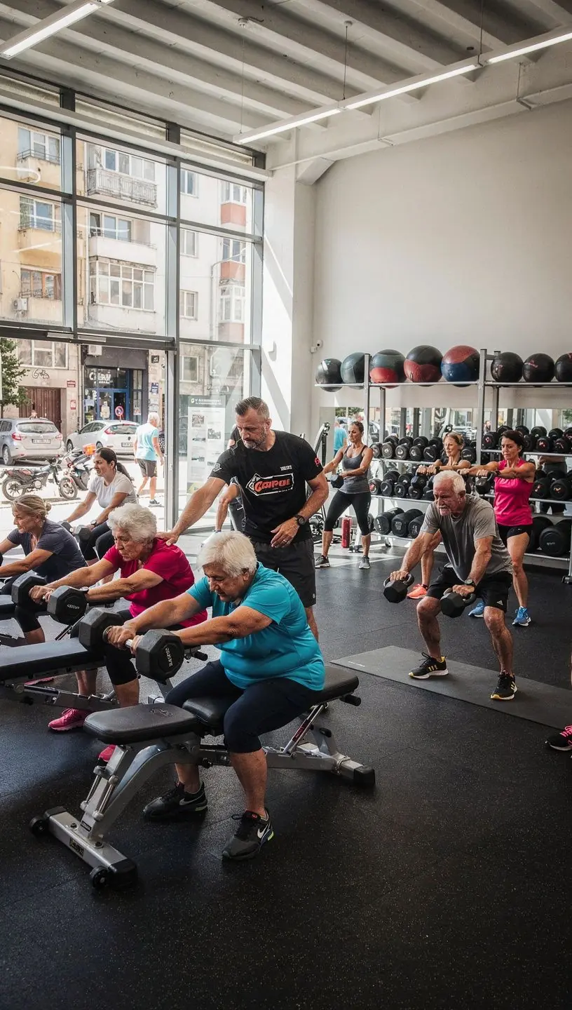 Жена на 40 години, която тренира с гири в домашна обстановка.